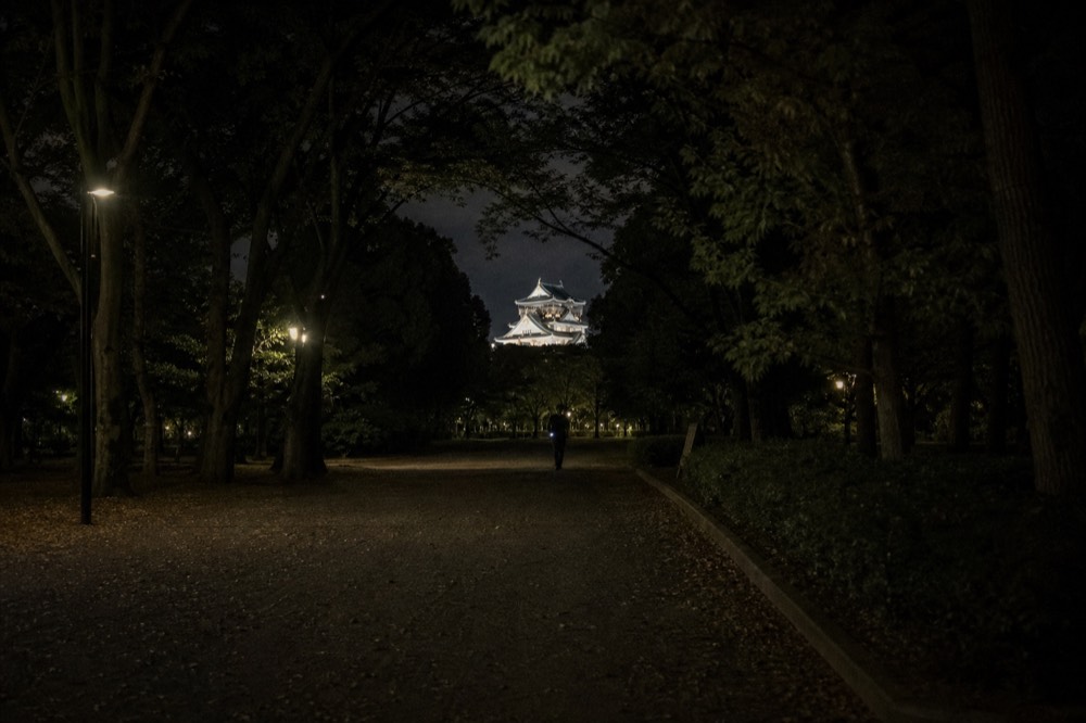 Dark walking path through trees toward the lit Osaka Castle keep