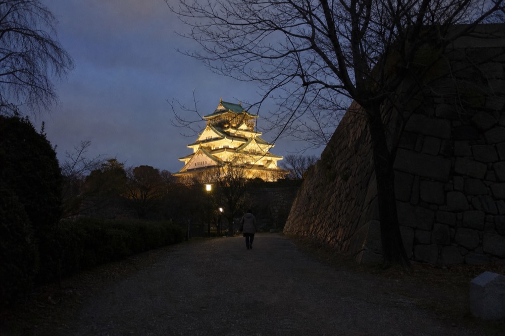 The illuminated castle tower seen from a dark park path in winter
