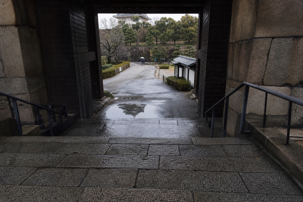 Wet stone steps leading up to a castle gate, with rain beading on the granite blocks