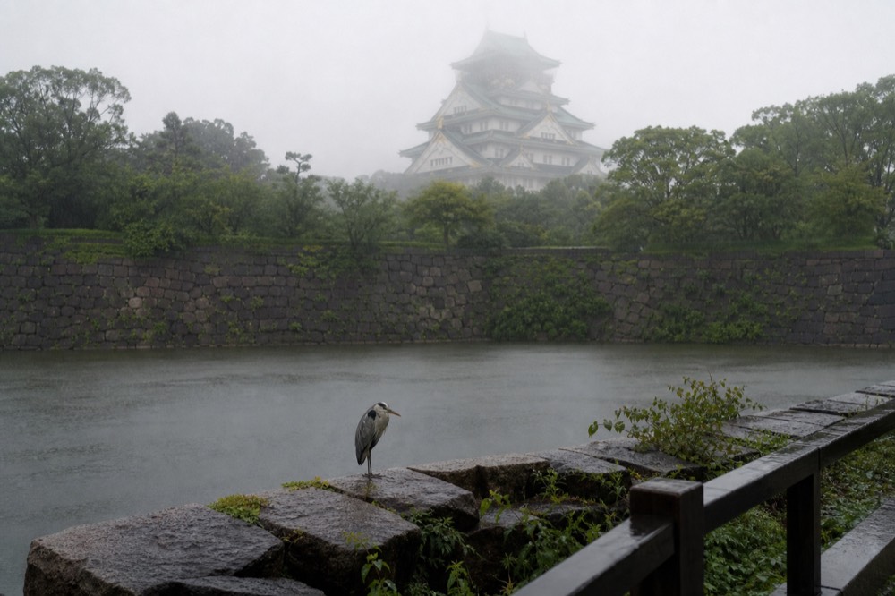 The Osaka Castle Main Tower seen through rain from across the inner moat, with grey sky and mist over the treetops