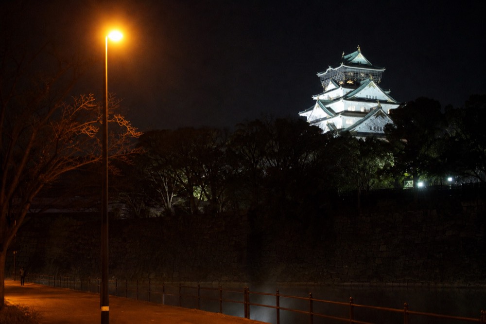 The floodlit Osaka Castle tower glowing above dark park trees at night