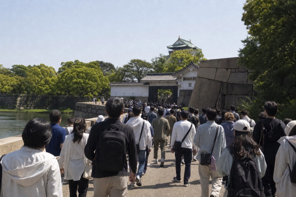 Crowds walking the path beside the inner moat toward Osaka Castle