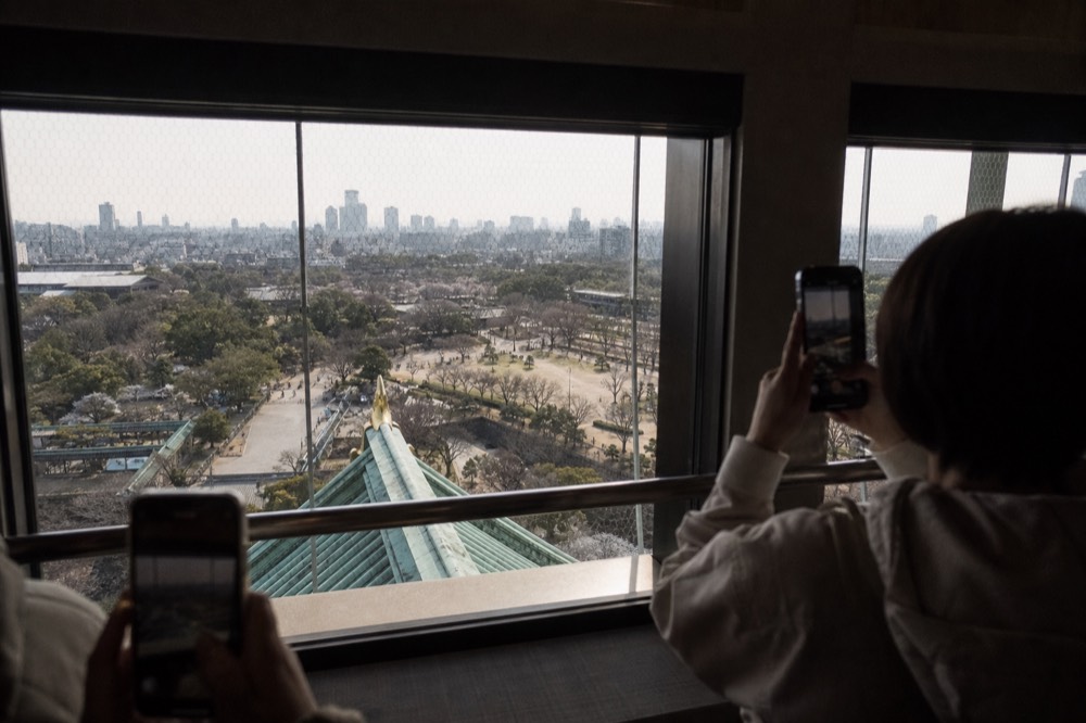 Crowds of visitors on the observation deck of Osaka Castle