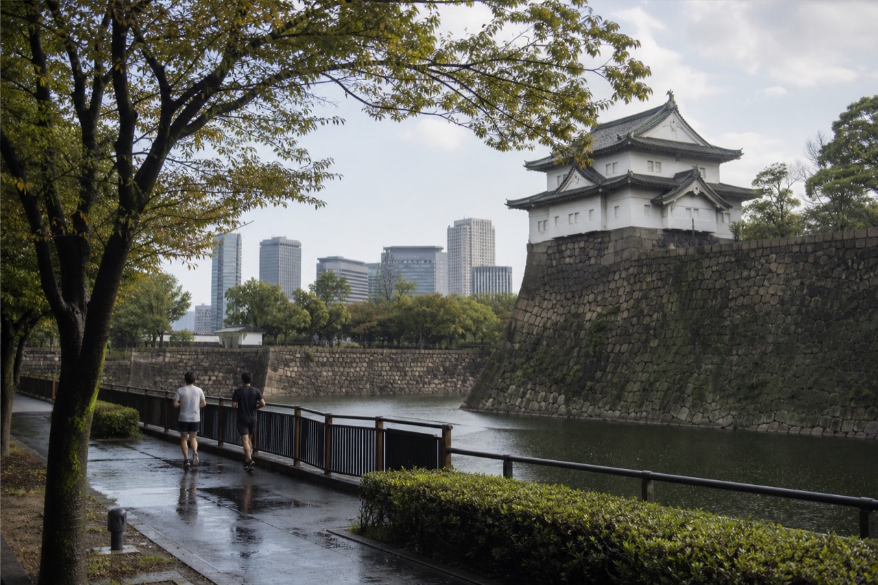 Osaka Castle Main Tower rising above the outer moat and stone walls within the park