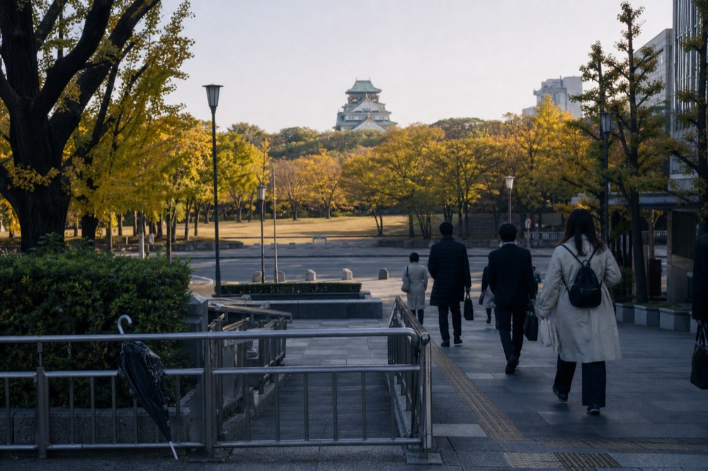 Osakajokoen station approach with the castle tower visible above the trees across the park lawns