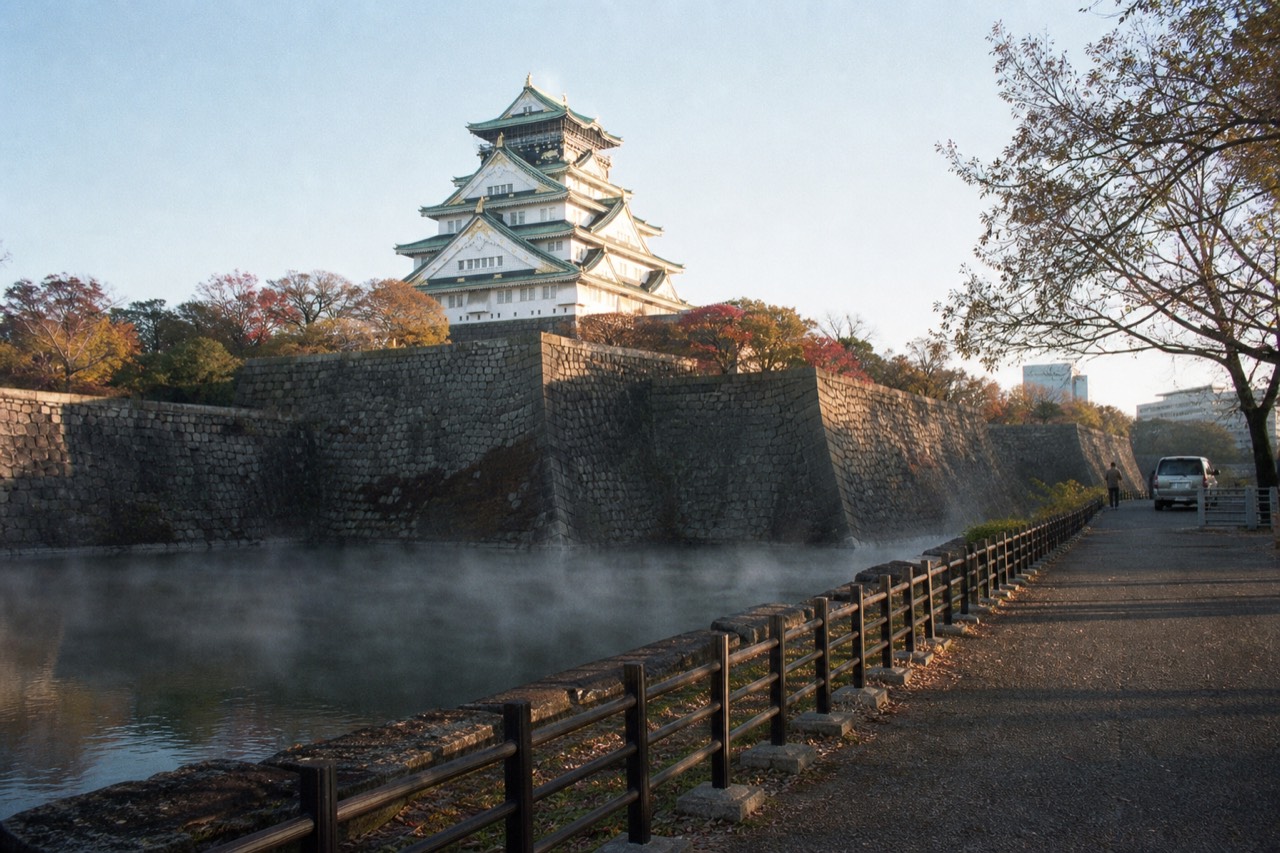 Osaka Castle Main Tower rising above the inner moat and stone walls under a clear sky