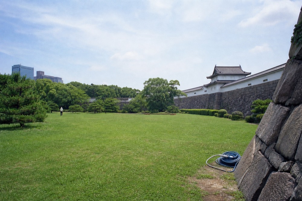 A wide green lawn inside a castle garden with stone walls and turrets along the edge