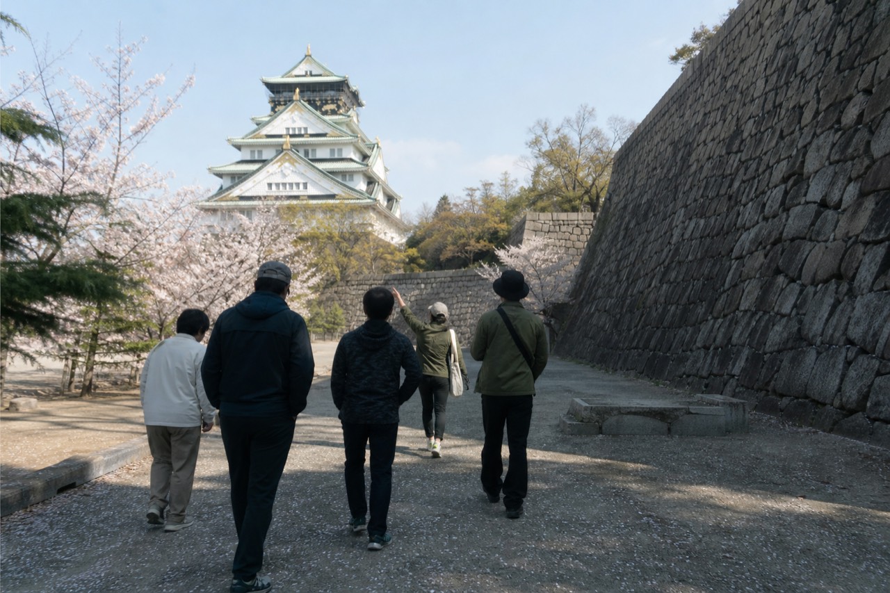 A guide leads a small group past the stone walls of Osaka Castle with the main tower in the background.