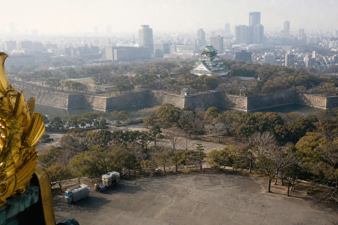 Aerial view of Osaka Castle Park with the tower and surrounding moats